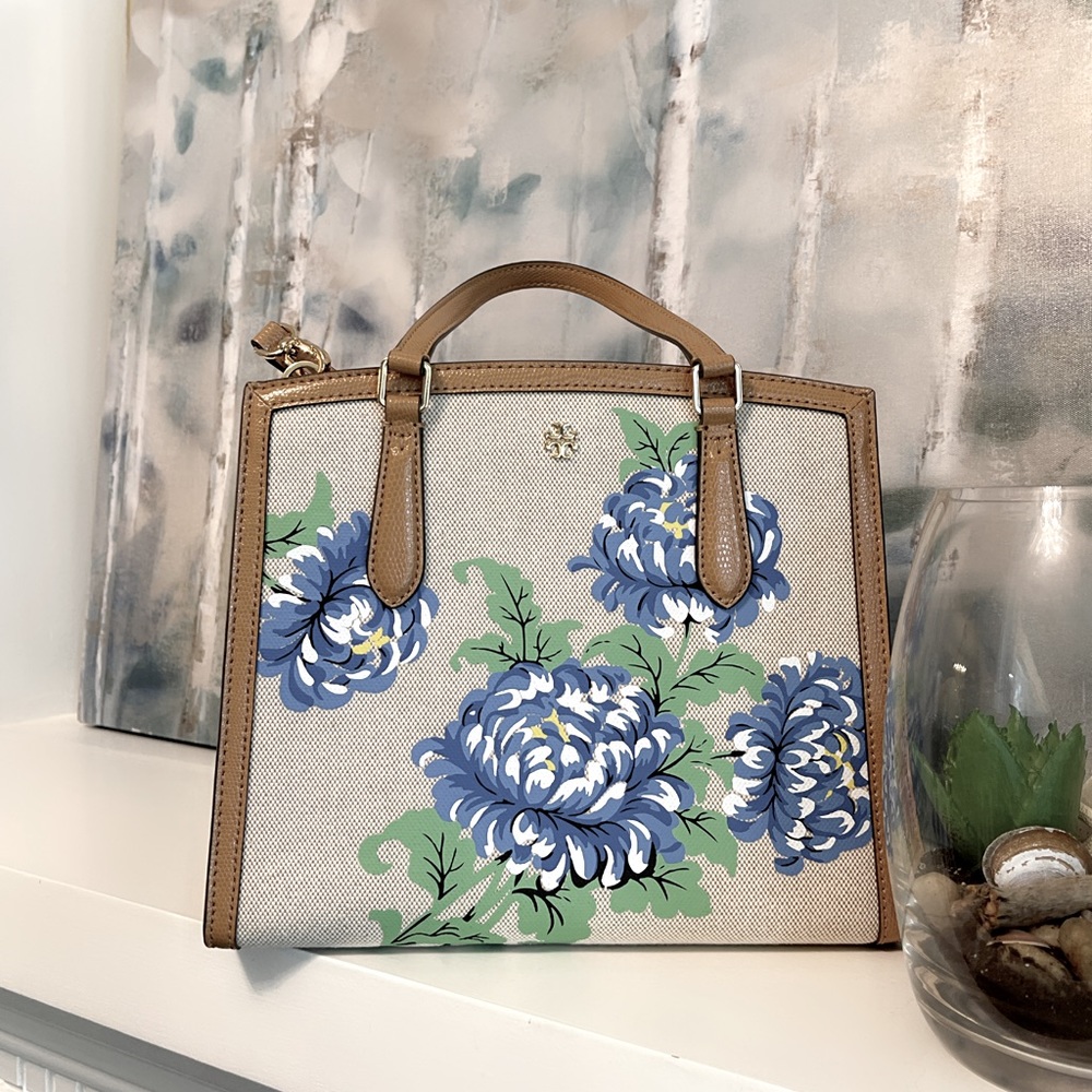 Tory Burch Emerson Ditsy Floral Structured Natural Canvas Leather Trim Satchel